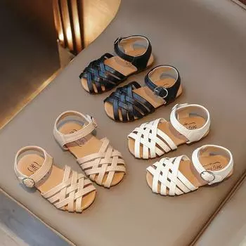 Сандалии для девочек, лето 2024 г., новые детские пляжные туфли с пряжкой и открытым носком, мягкая плетеная обувь для маленьких девочек-принцесс 21 бежевый