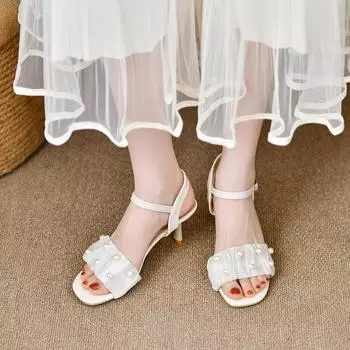 Сандалии для девочек, лето 2025, новые сандалии Fairy Wind Mesh Pearl с одним словом, простые сандалии Fairy на высоком каблуке 35 белый