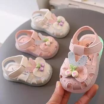 Сандалии для девочек, милые детские пляжные сандалии принцессы со светодиодной подсветкой, нескользящие детские мягкие сандалии с кроличьими ушками 16 розовый