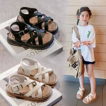 Сандалии для девочек, модная летняя нескользящая пляжная обувь нового стиля с пряжкой для детей среднего и большого возраста 23 чёрный