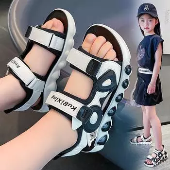 Сандалии для девочек, нескользящая обувь на мягкой подошве для маленьких девочек, нескользящая детская пляжная обувь среднего и большого размера 29 чёрный