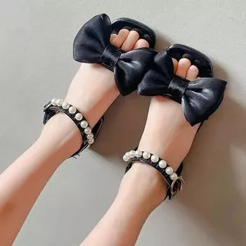 Сандалии для девочек, новинка 2023 года, летняя детская обувь принцессы, пляжные сандалии на высоком каблуке со стразами для маленьких девочек с бантом 25 чёрный