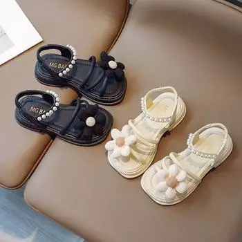 Сандалии для девочек, новые летние детские туфли для детей среднего и старшего возраста, сандалии принцессы с мягкой подошвой и маленькими цветами 26 бежевый