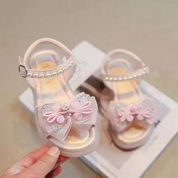 Сандалии для девочек-принцесс, летние, милые, детские, повседневные, свадебные, вечерние, плоские, модные, шикарные, с блестками, детские сандалии с открытым носком 26 белый