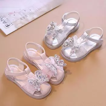 Сандалии для девочек-принцесс, летние, с блестками и бабочками, детские, повседневные, с закрытым носком, сандалии на плоской подошве, модные, милые, детские, сандалии с вырезами 26 розовый