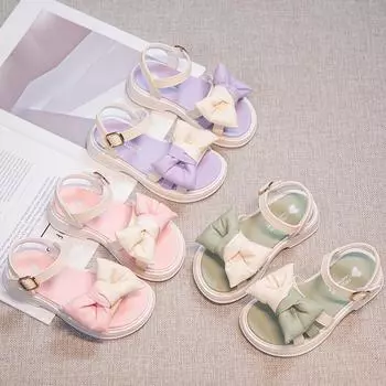 Сандалии для девочек с бантом Детские полые сандалии принцессы Легкие модные детские летние пляжные туфли с открытым носком на липучке 26 зелёный