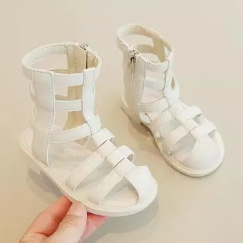 Сандалии для девочек с боковой молнией 2024 года, новые мягкие универсальные детские модные римские туфли для мальчиков, классические детские, простые, милые, полые, нескользящие 22 чёрный