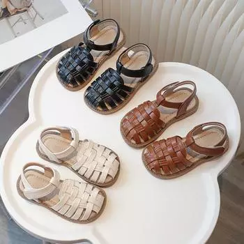 Сандалии для девочек с плетением, летняя мода, детские туфли с полыми носками, детские туфли для первых прогулок, нескользящие, универсальные, 2024 г., новые 22 коричневый