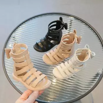 Сандалии для девочек с высоким голенищем, лето 2024 г., новые однотонные, корейский стиль, универсальные, принцесса, модные, детские, с бантом сзади, с открытым носком, на плоской подошве 22 чёрный