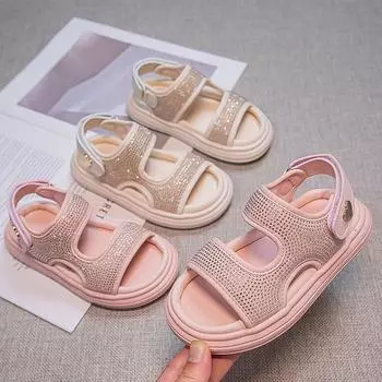 Сандалии для девочек со стразами, детские повседневные спортивные сандалии, модная детская летняя пляжная обувь с толстой подошвой, однотонные, нескользящие 26 бежевый