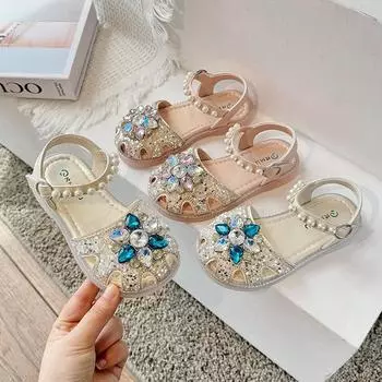 Сандалии для девочек со стразами, детские туфли принцессы с жемчугом и блестками, модная детская обувь с полыми носами, мягкая подошва 23 синий