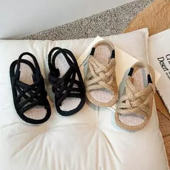 Сандалии для девочек в стиле ретро из пеньковой веревки, детские летние туфли из травы, детские повседневные сандалии на плоской подошве с дышащей мягкой подошвой, новинка 2024 г. 21 чёрный