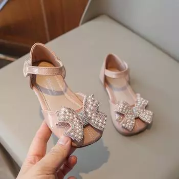 Сандалии для девочек, весна-лето 2024, новые модные сандалии Baotou, детские туфли на плоской подошве с кристаллами для девочек, туфли принцессы с бантом 21 белый
