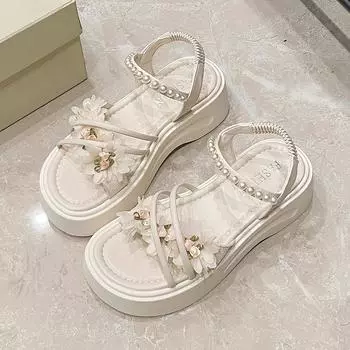 Сандалии для девочки 2025 новая летняя одежда изысканный и красивый сказочный стиль с юбкой цветок платформа сандалии на высоком каблуке 35 бежевый