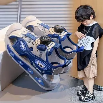 Сандалии для мальчиков, модная детская летняя обувь, с защитой от ударов, вращающимися кнопками, вырезами, полыми, детские пляжные сандалии 26-37, мягкие 26 чёрный