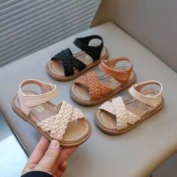 Сандалии для маленьких детей, для девочек, малышей, детские, плетеные, с перекрестными шнурками, модные, принцессные сандалии, летние, 2024, новые, мягкие, 21-30, милые 21 бежевый