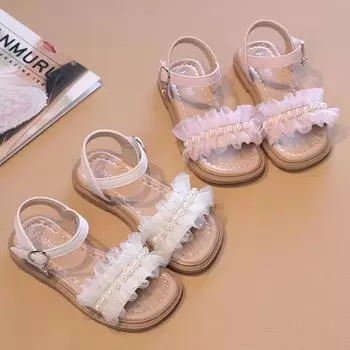 Сандалии для маленьких девочек, кружевные, плиссированные, детские летние сандалии, элегантные, с жемчугом, повседневные, детские, принцесса, платье с открытым носком, плоские сандалии, мягкие 26 розовый