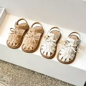 Сандалии для маленьких девочек с полыми носами, модные детские туфли принцессы с бантом, летняя пляжная обувь для детей 2024 года, новинка 23 хаки