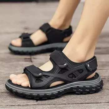 Сандалии для мужчин Брендовые летние мужские тапочки из натуральной кожи, гладиаторские мужские пляжные сандалии, мягкие, удобные, для прогулок на свежем воздухе 39 чёрный