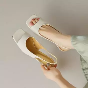 Сандалии для отдыха, женские повседневные туфли на тонком среднем каблуке для женщин, однотонные летние сандалии без шнуровки с открытым носком, большие размеры, Zapatos De Mujer 35 бежевый