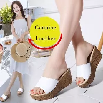 Женские сандалии, кожаный спуск с женскими тапочками, босоножки на высоком каблуке 7 см 35 белый