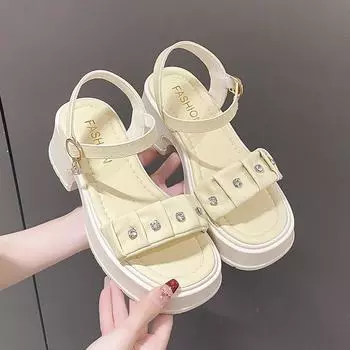 Сандалии для женщин, лето 2024, новые пляжные туфли с толстой подошвой и жемчугом, мягкие модные римские босоножки на высоком каблуке, однотонная повседневная обувь 35 бежевый