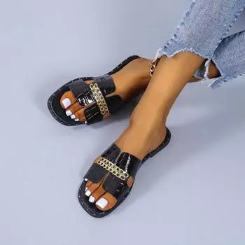 Сандалии для женщин, новые летние модные повседневные универсальные тапочки с открытым носком, женские сандалии на плоской подошве с цепочкой, большие размеры 36-43 36