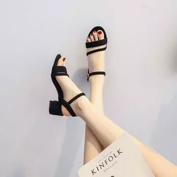 Сандалии для женщин, офисная женская обувь, блочный каблук, толстый черный, лето 2024 года, средний каблук, открытый носок, массивный, повседневный 34