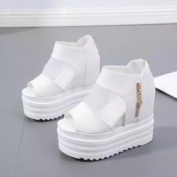 Сандалии Fish Mouth Женские летние туфли из сетчатой ткани с дышащей толстой подошвой Женские туфли на танкетке Черные Белые Босоножки на высоком каблуке Женские 34 чёрный