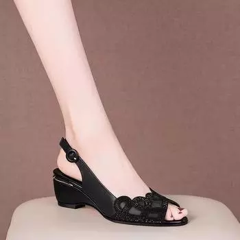 Сандалии Fish Mouth женские на танкетке со средним каблуком и пряжкой в виде одного слова удобные женские туфли из холодной кожи со стразами 34