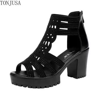 Сандалии-гладиаторы на высоком каблуке, женские пикантные туфли на платформе с открытой головкой и заклепками, летние женские сандалии на молнии сзади, размер 35-40 35 чёрный