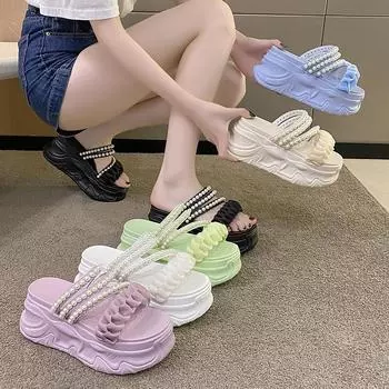 Сандалии из двух предметов одежды на толстой подошве в стиле «бисквит» Женская верхняя одежда Популярные летние босоножки и тапочки на танкетке с бисерной подошвой в стиле «бисквит» 39 бежевый