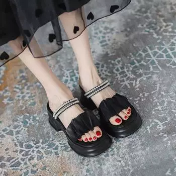 Сандалии из двух предметов одежды со стразами 2024 года, новые женские летние универсальные тапочки в стиле феи, туфли-маффины на толстой подошве, одно слово, классные тапочки 35 чёрный