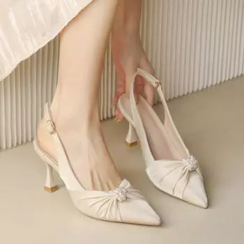 Сандалии из французского стиля, лето 2024 г., новые женские туфли на среднем каблуке с острым носком, белые, элегантные, темпераментные, на тонком каблуке, на высоком каблуке 34 бежевый