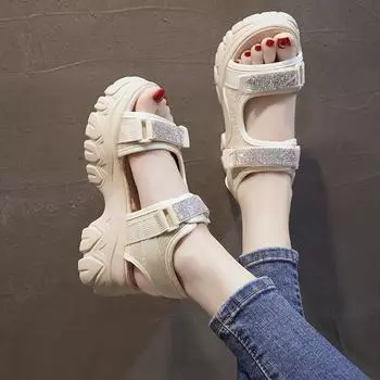 Сандалии из искусственной кожи на платформе 5 см, танкетка, женская летняя обувь, повседневные шлепанцы с липучками, пляжная обувь, тапочки, массивная обувь 2024 34 чёрный