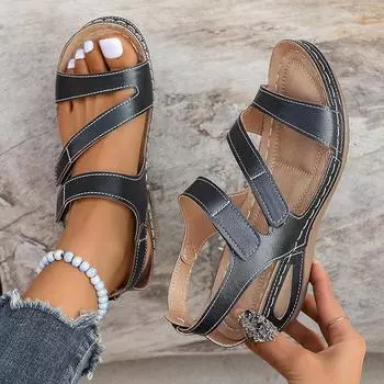 Сандалии из искусственной кожи на танкетке для женщин, летние сандалии на нескользящей платформе с липучками в римском стиле, женские легкие повседневные босоножки на среднем каблуке, женские сандалии 36 чёрный
