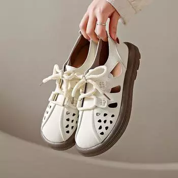 Сандалии из искусственной кожи в полом римском стиле для женщин 2024 года, летние дышащие ретро-туфли на толстой подошве, спортивные повседневные женские сандалии 35 абрикосовый