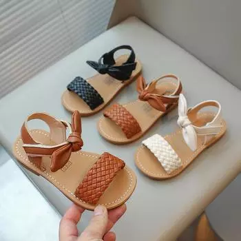 Сандалии из кожи для девочек, лето 2024 г., новые детские пляжные туфли с открытым носком и бантом, милые принцессы 21–30, противоскользящие 21 бежевый