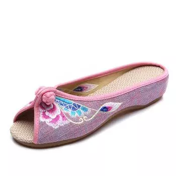 Сандалии из льна с вышитыми бабочками для женщин на весну и лето 38 розовый