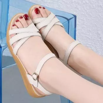 Сандалии из мягкой кожи с подошвой из говяжьих сухожилий, женские летние сандалии на плоской подошве, на низком каблуке, средней высоты, для матери, с мягкой подошвой, удобные для людей среднего и пожилого возраста 35 белый