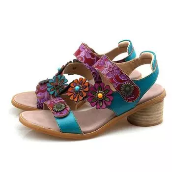 Сандалии из натуральной кожи Johnature, летняя женская обувь, удобные сандалии ручной работы на среднем каблуке с цветочным принтом 36 синий