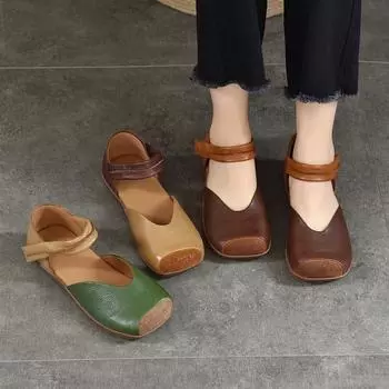 Сандалии из натуральной кожи Johnature, разноцветные универсальные женские туфли на плоской подошве в стиле ретро с квадратным носком 36 коричневый