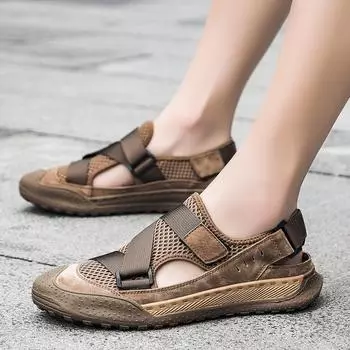 Сандалии из натуральной кожи, летние, для вождения, легкие, нескользящие, с мягкой подошвой, для прогулок по лесу, мужские, с закрытым носком, для спорта и пляжа 38 коричневый