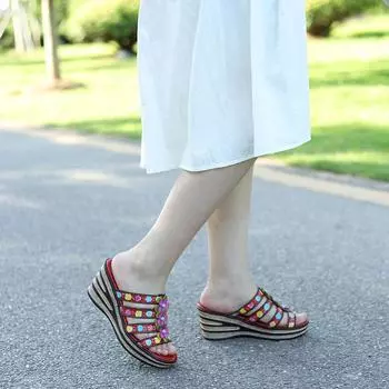 Сандалии из натуральной кожи на толстой подошве, женские шлепанцы на танкетке в стиле ретро, удобные уличные тапочки на платформе 36