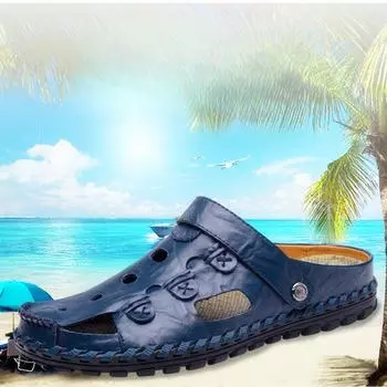 Сандалии из натуральной кожи с мягкой подошвой, летние новые мужские повседневные модные тапочки, износостойкие пляжные туфли с закрытым носком, ручная работа, нескользящие мужские 38 жёлтый