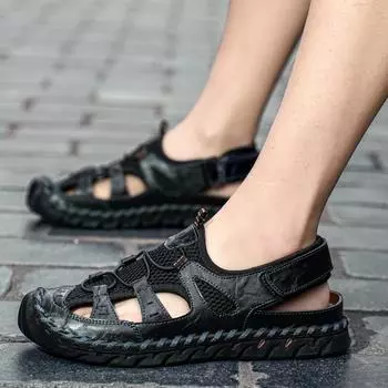 Сандалии из натуральной кожи в сетку, большие дышащие туфли ручной работы, летняя повседневная мужская пляжная обувь 48 чёрный