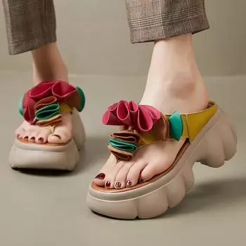 Сандалии из натуральной кожи, женские тапочки с цветочным принтом, летняя обувь, шлепанцы на платформе, женские тапочки для отдыха на толстой подошве 38 бежевый