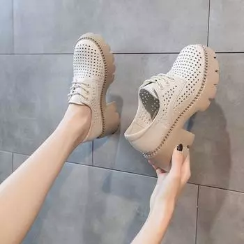 Сандалии из натуральной мягкой кожи со шнуровкой и дырками на толстом каблуке, весна/лето, новые туфли на высоком каблуке с нескользящей платформой для женщин 35 чёрный