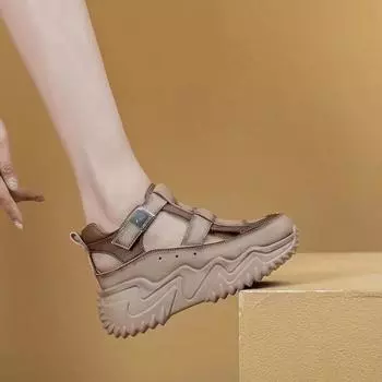 Сандалии из натуральной мягкой кожи, женские летние сандалии на толстой подошве, универсальные, увеличивающие рост, дышащие, полые, повседневные, женская мода, новинка 35 хаки