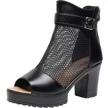 Сандалии из воловьей кожи с сетчатым узором «рыбий рот», летние ботинки, большие размеры, босоножки на платформе и высоком каблуке, женские черные сандалии с молнией сзади, 8 см 32 чёрный